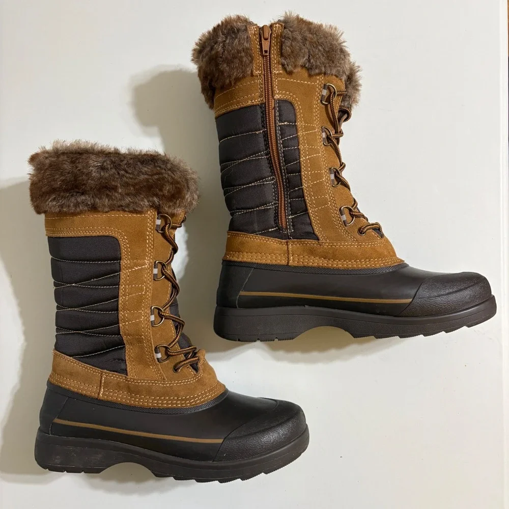 Lands End Womens Snow Duck Boots 7.5 Brown Insulated Faux Fur Winter Gorpcore